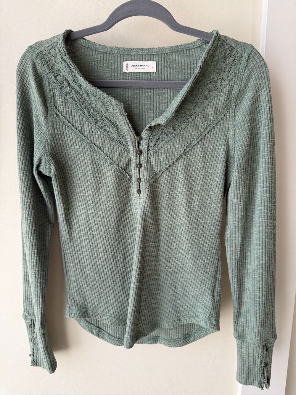 Lucky Brand Sage-Green Ribbed Knit Henley Top with Lace Details - Small
